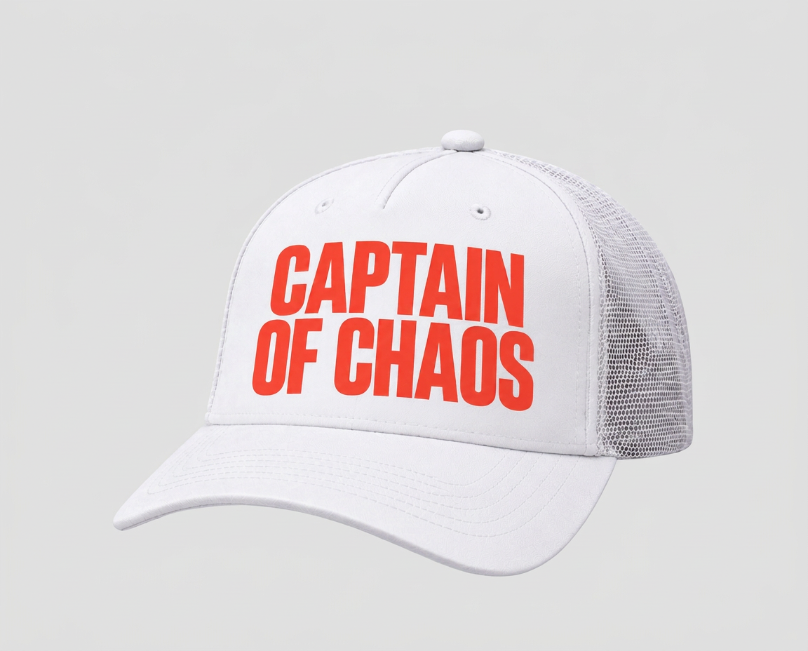 Captain of Chaos White Nautical Trucker Hat White Captain of Chaos mesh-back nautical trucker hat with coral lettering