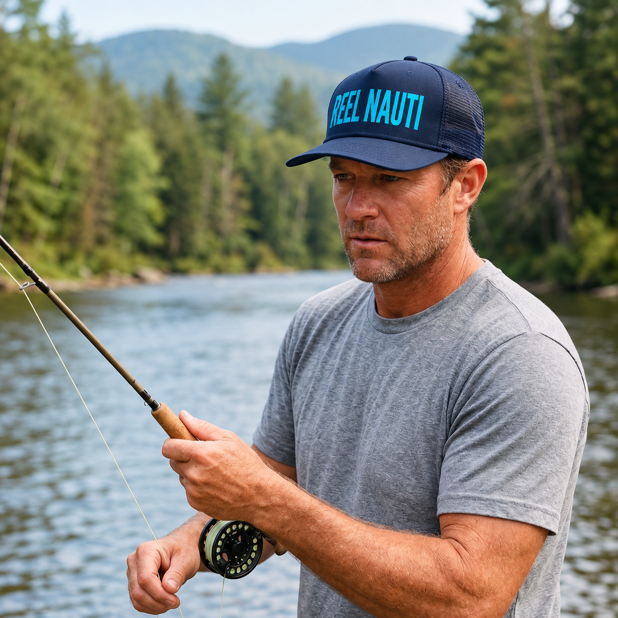 Man fly fishing on a river wearing a Reel Nauti nautical trucker hat