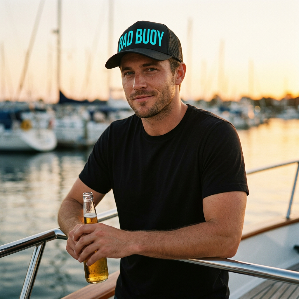Bad Buoy boat hat — lifestyle photo